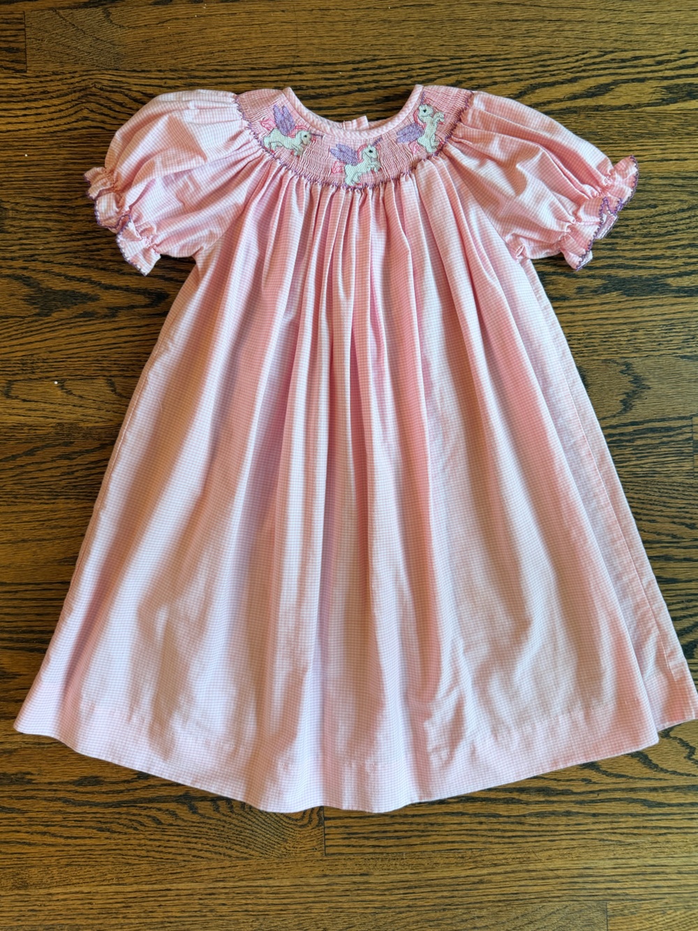 Southern Sunshine Pink Gingham Smocked Unicorn Dress, Size 3